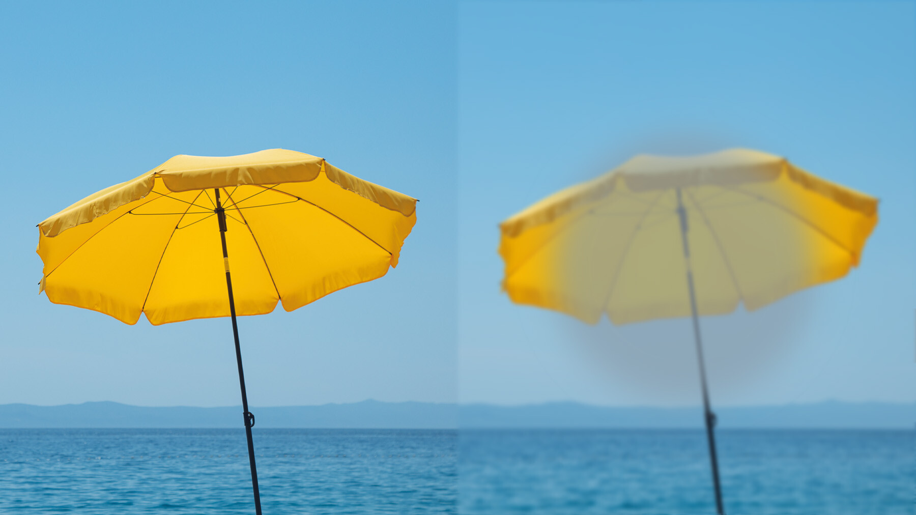 Gelber Sonnenschirm vor blauem Meer + Himmel, einmal schaft und einmal unscharf
