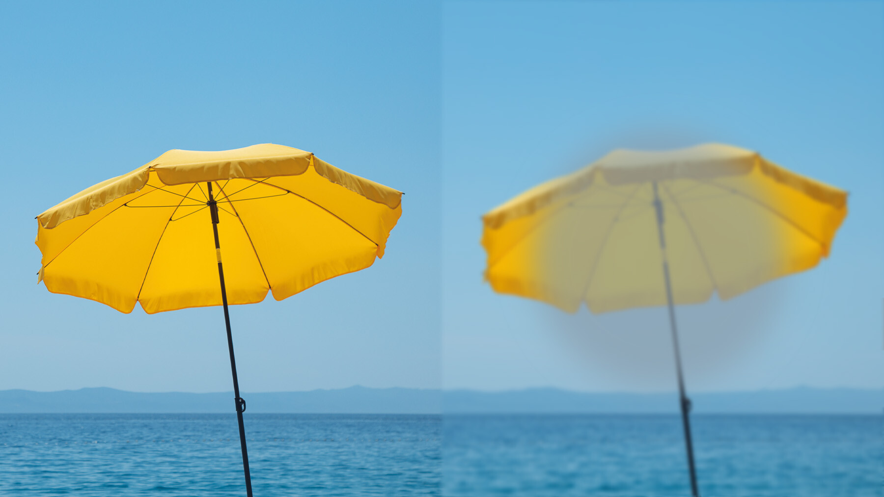 Gelber Sonnenschirm vor blauem Meer + Himmel, einmal schaft und einmal unscharf